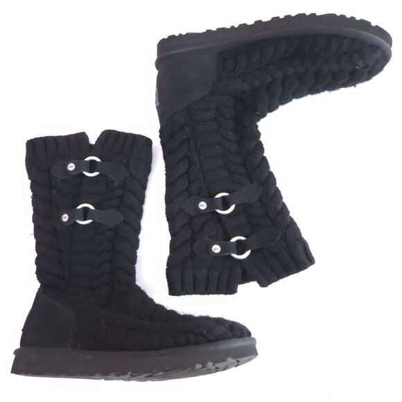 UGG Tularosa Route Black Cable Knit Mid Calf Boots, Buckle Detail, US 8 - EU 39 - Picture 1 of 7